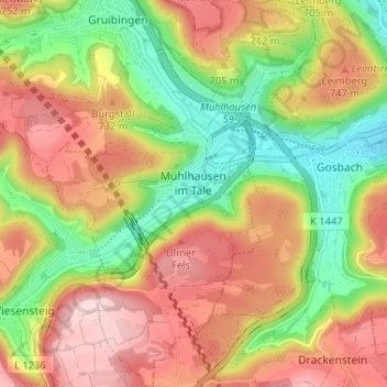 Mühlhausen im Täle topographic map, elevation, terrain