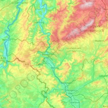 Landkreis Merzig-Wadern topographic map, elevation, terrain