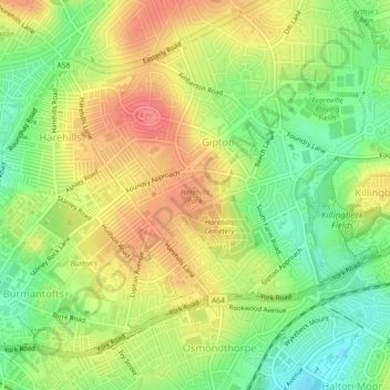 Harehills Park topographic map, elevation, terrain