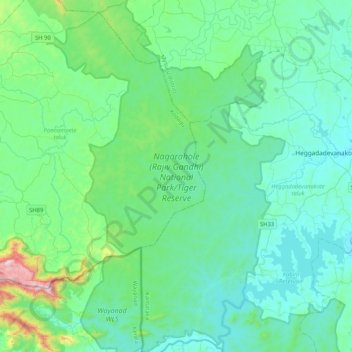 Nagarhole National Park topographic map, elevation, terrain