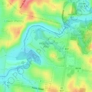 Westerfolds Park topographic map, elevation, terrain