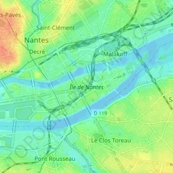 Île de Nantes topographic map, elevation, terrain