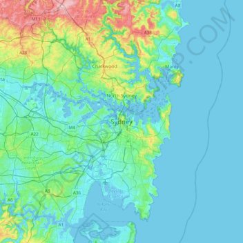 Sydney topographic map, elevation, relief