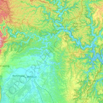 Hawkesbury River topographic map, elevation, relief