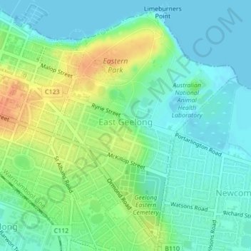 East Geelong topographic map, elevation, relief